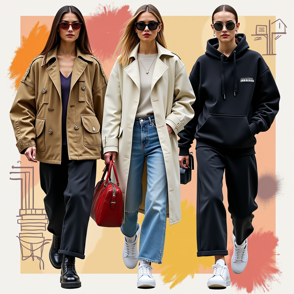 Collage de tenues représentant les tendances mode de 2024, incluant le style oversize, parisien, et streetwear, illustrant la diversité des styles pour l'année à venir.