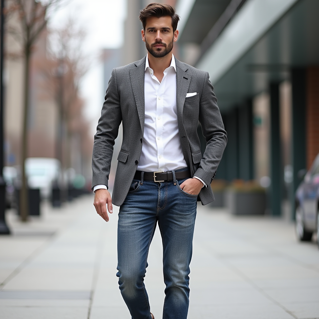 Homme au style casual-chic, portant un jean brut, une chemise blanche et un blazer gris, représentant un look masculin intemporel et moderne