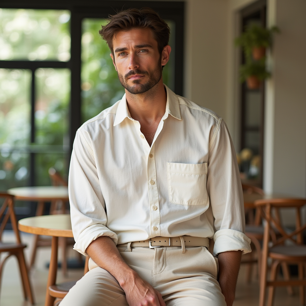 Homme au style minimaliste, vêtu d'un pantalon beige et d'une chemise en lin, mettant en avant la tendance mode épurée et naturelle pour 2024.