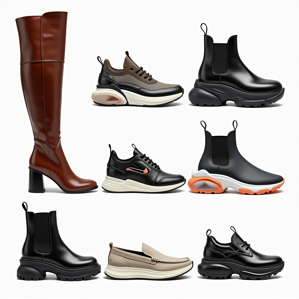 Chaussures tendance de la mode 2024, incluant des bottes hautes, des baskets futuristes et des mocassins modernes