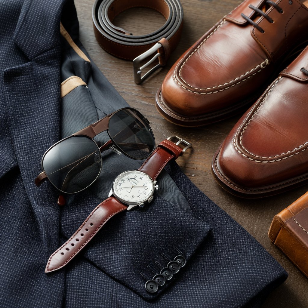 Collection d'accessoires et de vêtements masculins essentiels pour un style élégant et intemporel, avec des pièces comme une montre en cuir, des chaussures en cuir, et un blazer bien coupé