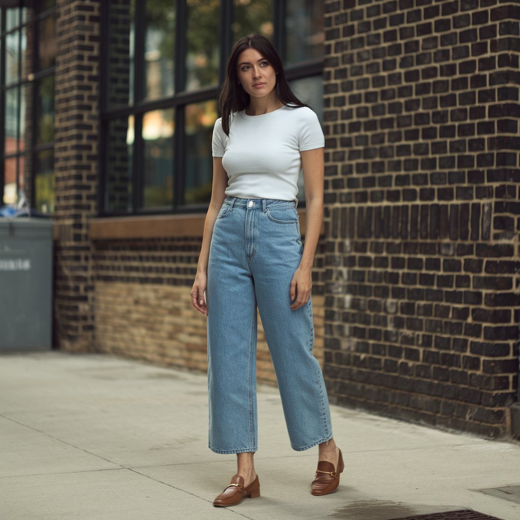 Femme en Tenues Chic avec un pantalon taille haute et un haut basique, représentant la mode moderne