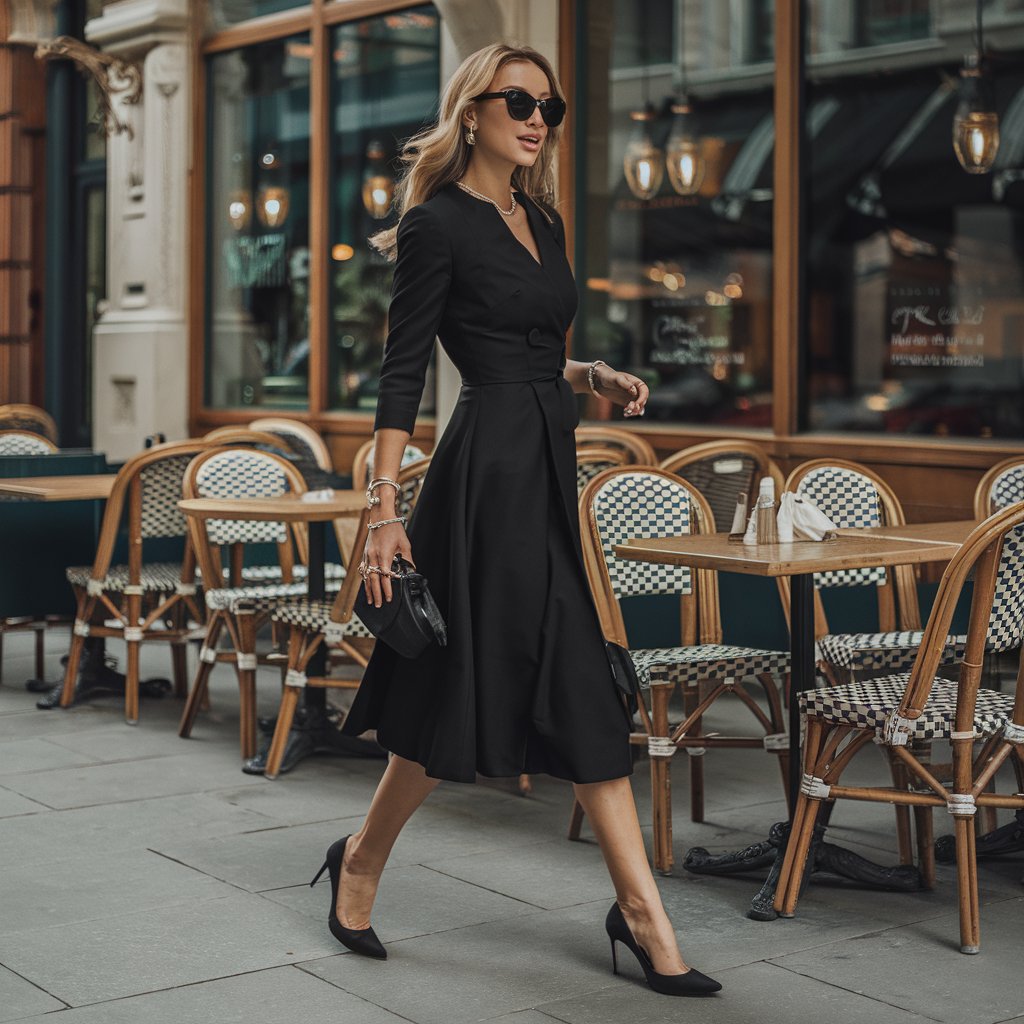 Femme portant une petite robe noire élégante, incarnant le Look Chic avec des accessoires raffinés dans un cadre urbain.