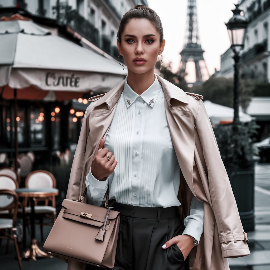  Femme élégante avec un trench beige et une chemise blanche, incarnant Les Tendances intemporelles de la mode parisienne, posant dans une rue classique de Paris.