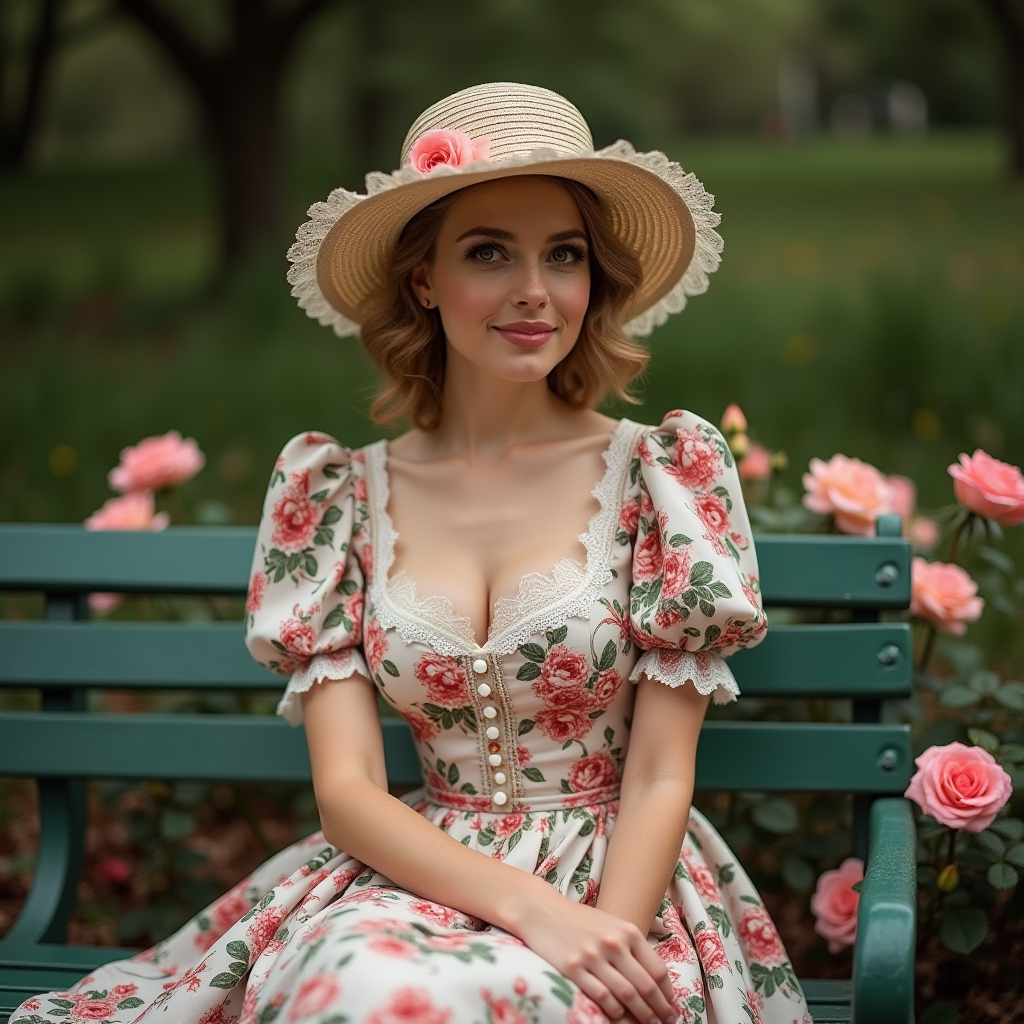 Mode vintage hyperféminine avec une robe florale et des détails en dentelle, dans un cadre de jardin romantique.