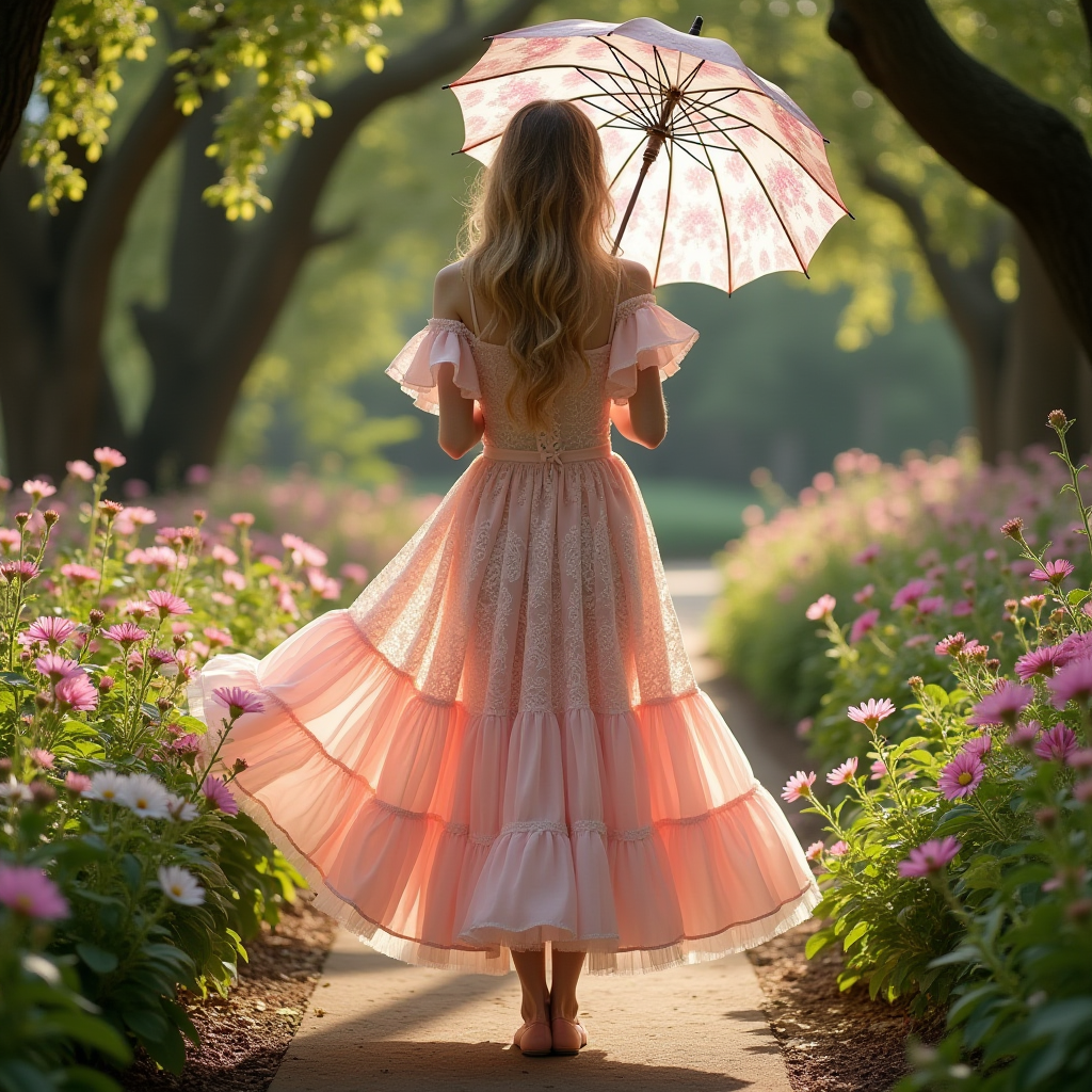 Femme portant une robe en dentelle hyperféminine dans des tons pastel, posant dans un jardin avec une lumière douce et des fleurs tout autour