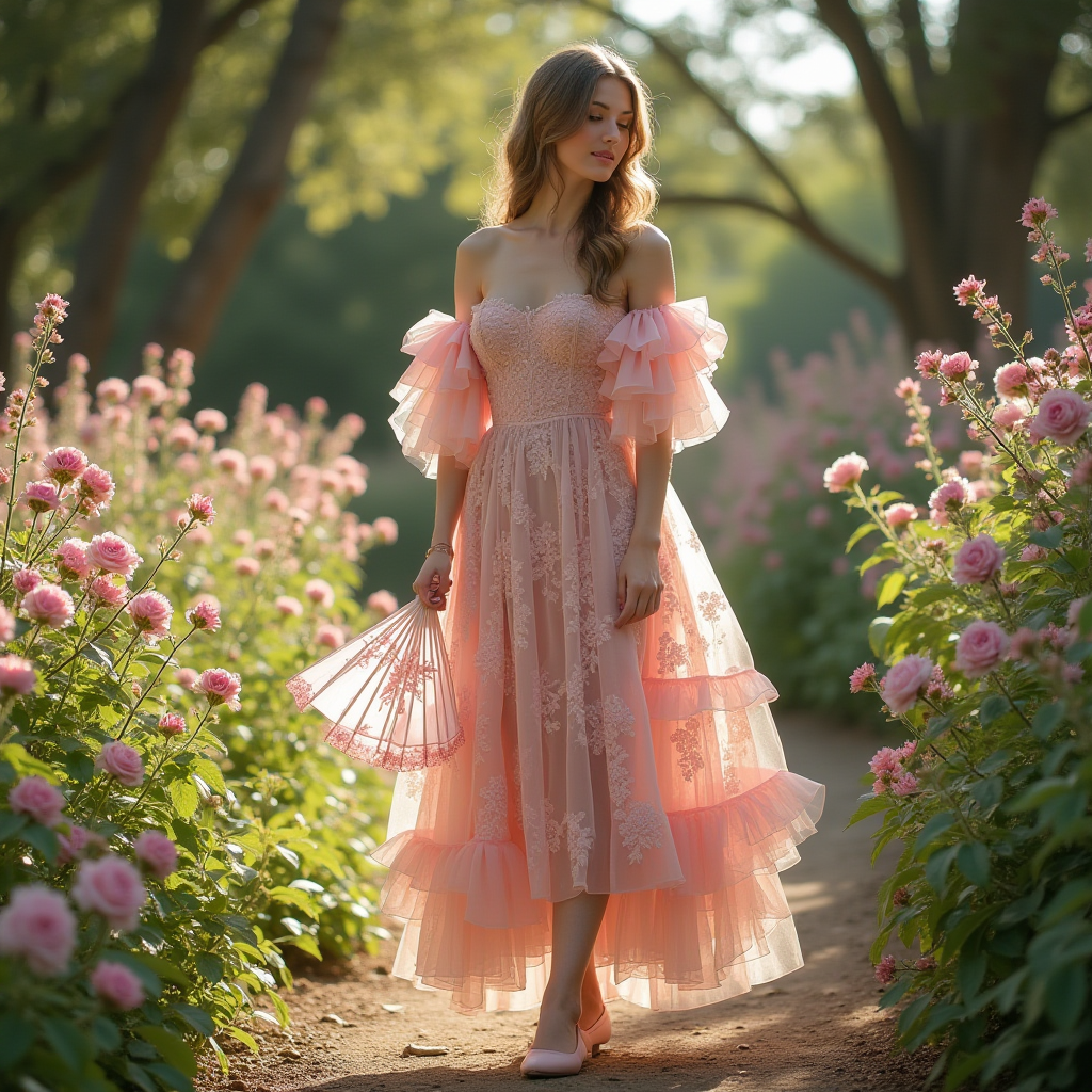 Femme dans une robe en dentelle hyperféminine dans un jardin luxuriant, illuminée par une douce lumière filtrée à travers les arbres.