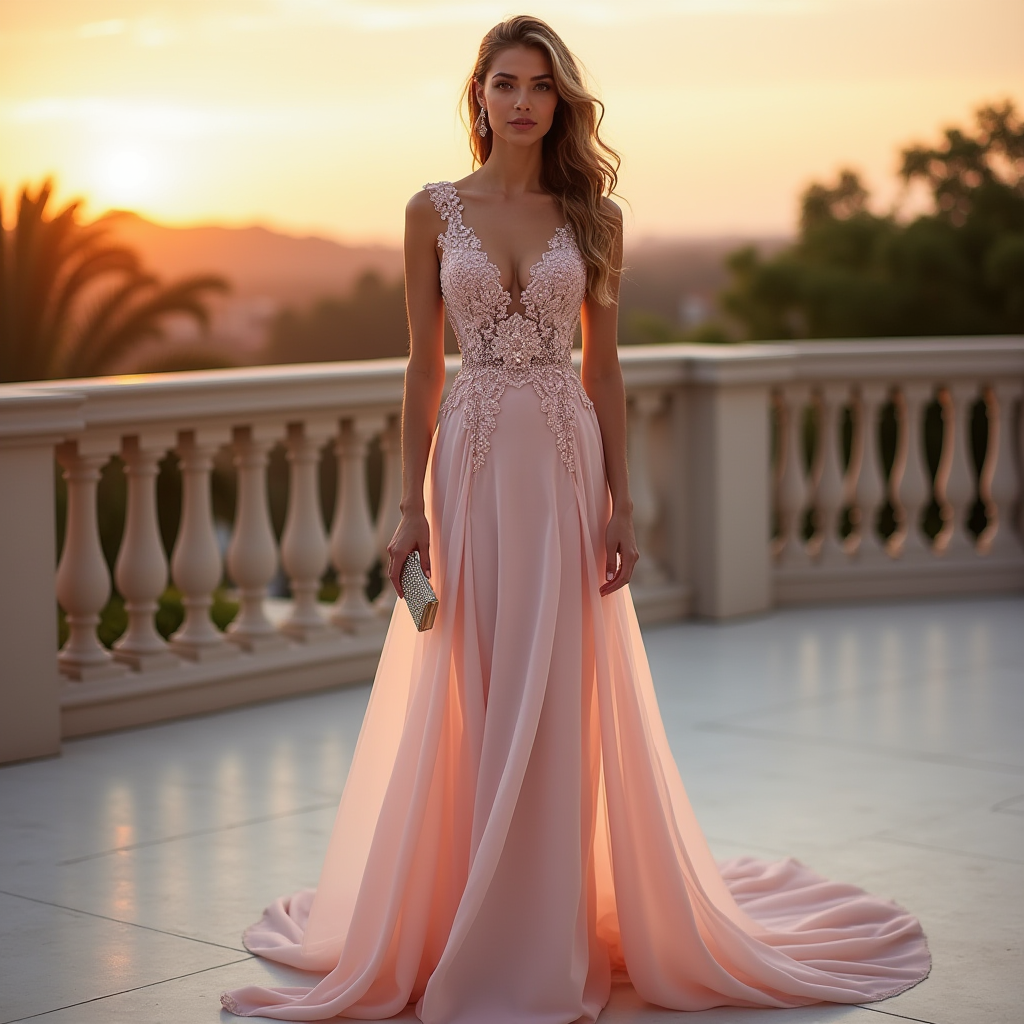 Robe de soirée élégante avec dentelle et perles, incarnant un style hyperféminine au coucher du soleil.