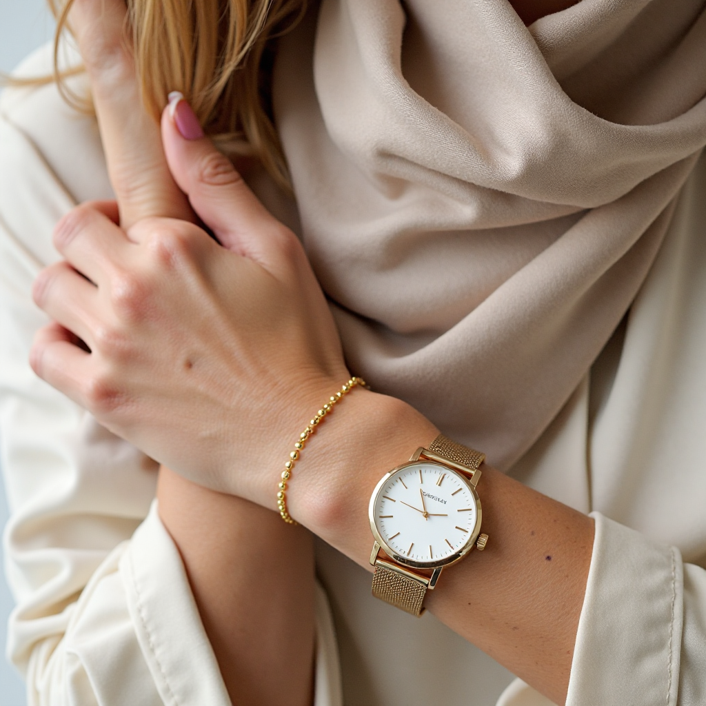 Gros plan sur les accessoires raffinés d'une femme de 50 ans, incluant un bracelet en or et une montre classique, incarnant les Tendances Chic des accessoires discrets et élégants.