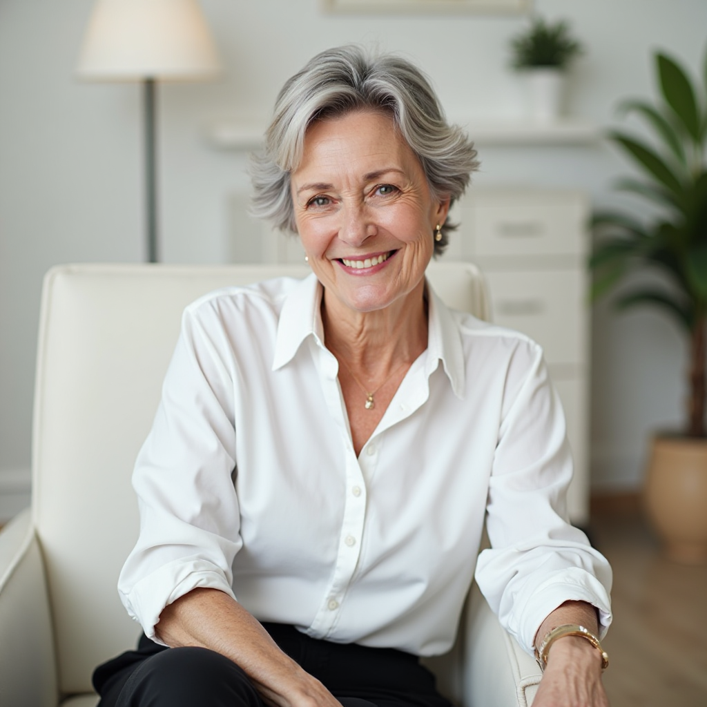 Femme élégante d'environ 50 ans dans une tenue minimaliste chic, chemise blanche et pantalon noir, assise dans un cadre épuré et moderne, illustrant les Tendances Chic de l'élégance minimaliste pour les femmes mûres.