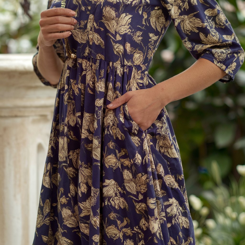 Femme de plus de 50 ans portant une robe portefeuille fluide dans un jardin, illustrant les Tendances Chic avec des coupes élégantes et féminines qui mettent en valeur la silhouette.