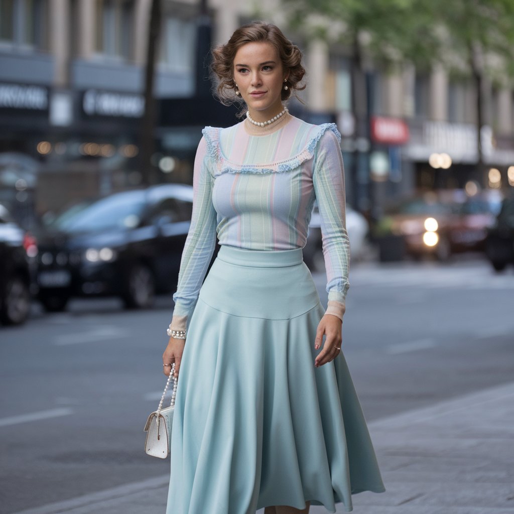 Style de rue avec une tenue hyperféminine composée de couleurs pastel, de détails en dentelle, et d'accessoires élégants.