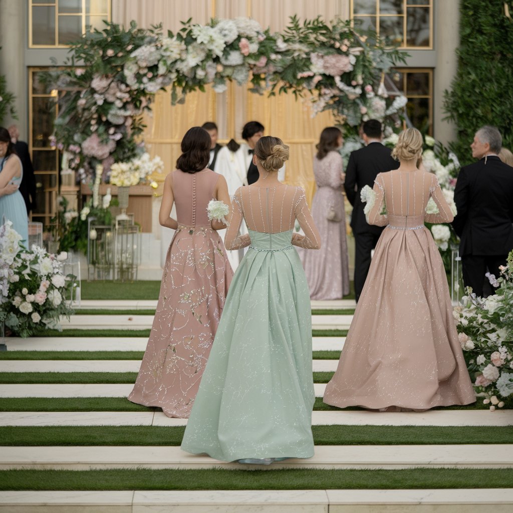 Des invitées portant des robes de soirée sophistiquées lors d'un mariage en plein air, affichant des couleurs pastel et des accessoires délicats, soulignant l'élégance des tenues pour célébrer une occasion spéciale