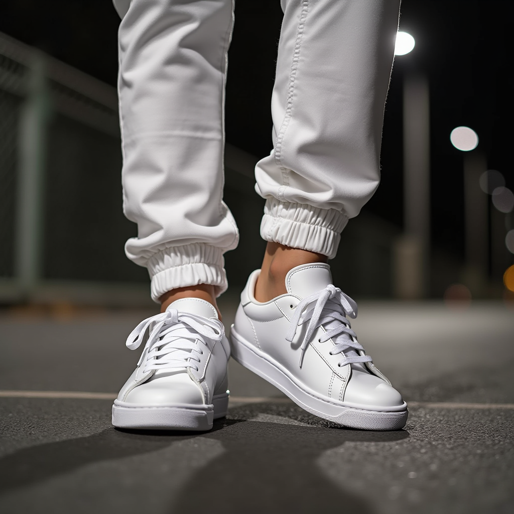 Gros plan sur des baskets blanches immaculées portées avec un pantalon blanc dans un décor urbain nocturne.