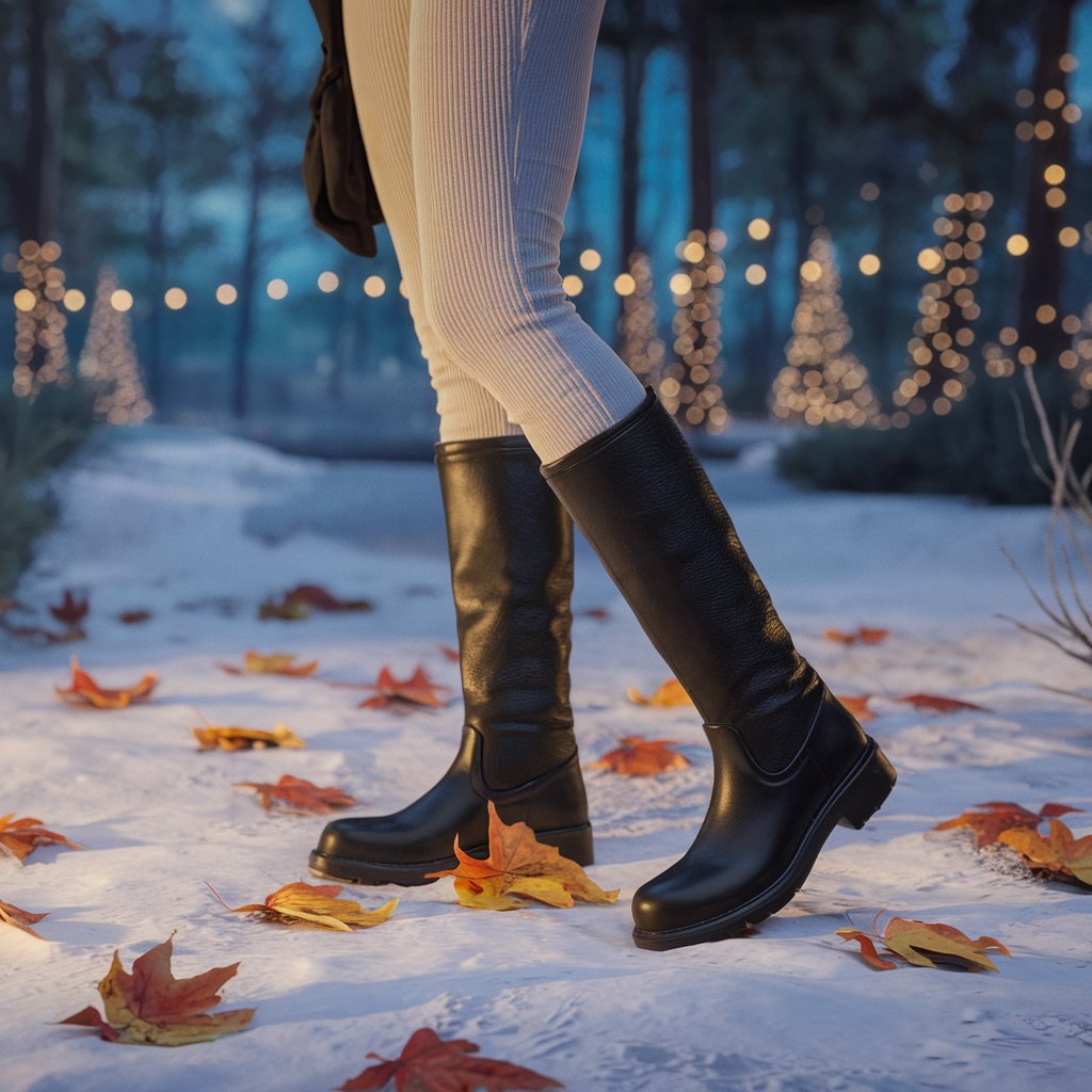 Femme portant des bottines noires avec un pantalon blanc ajusté, entourée de feuilles automnales.