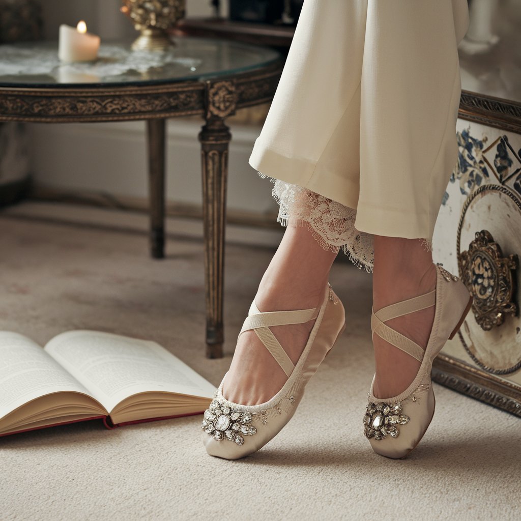 Ballerines ornées de bijoux portées avec un pantalon blanc près d’une table basse décorative.